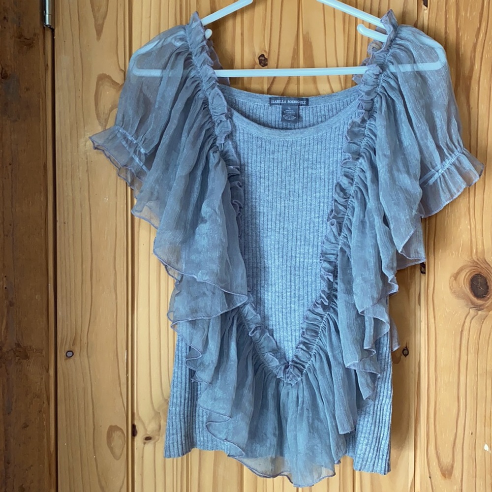 Gray knit and chiffon ruffled shirt